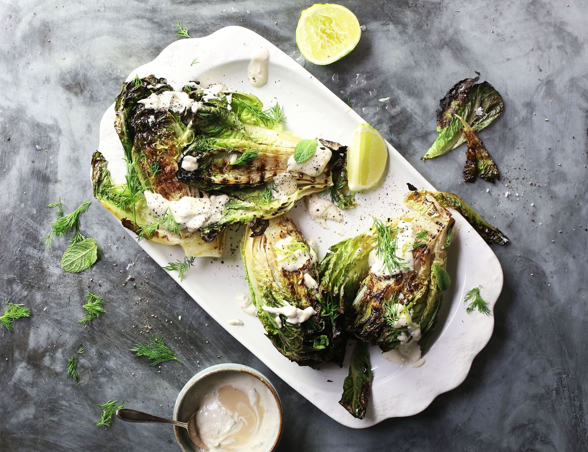 Griddled Romaine & Minted Tahini Yogurt Sauce