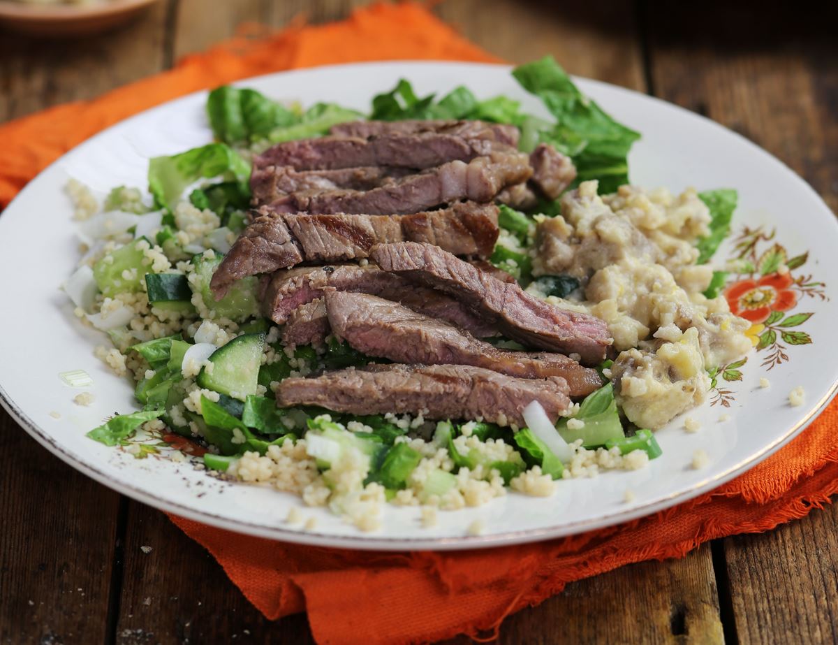 Sirloin Minute Steaks with Baba Ganoush