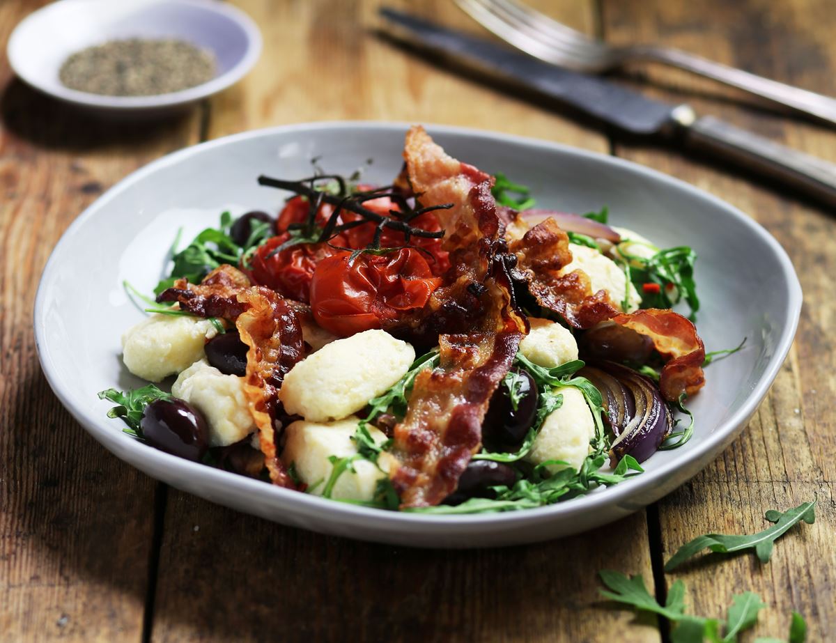 Ricotta Gnudi with Roast Tomatoes, Olives & Pancetta