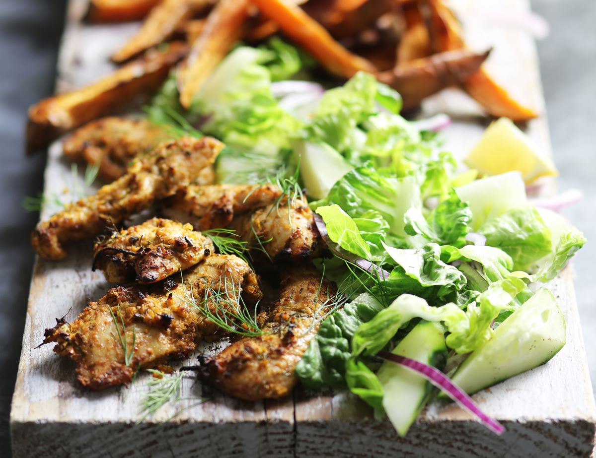 Chicken Shawarma Salad with Sweet Potato Fries