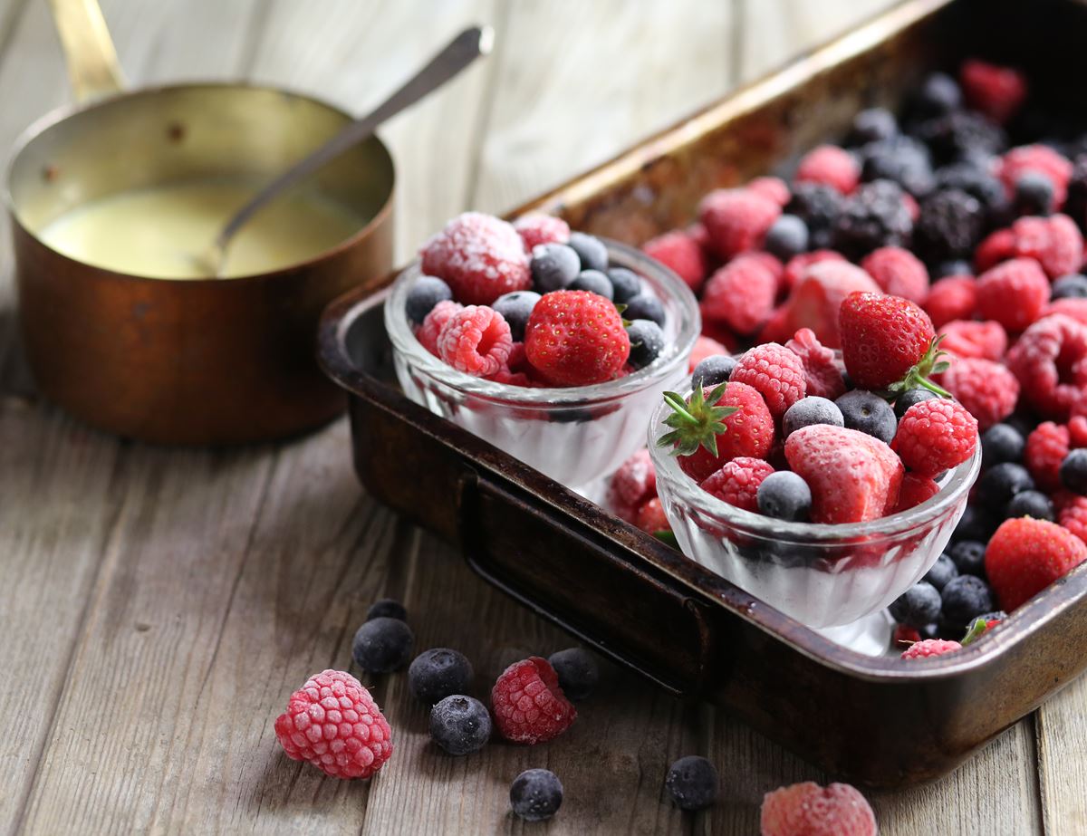 Frozen Berries with Warm White Chocolate & Cardamom Sauce