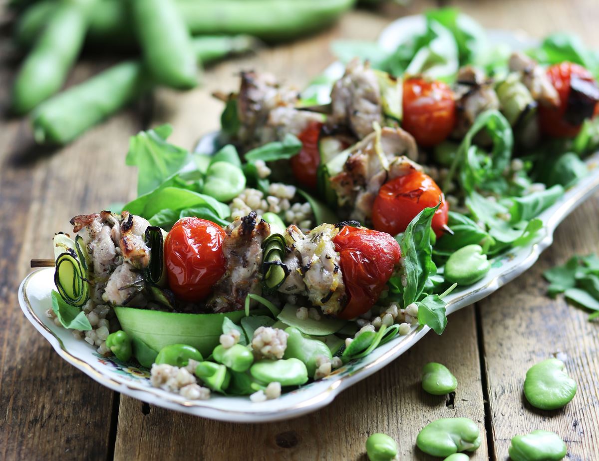 Tuscan Chicken Skewers with Fresh Bean Salad