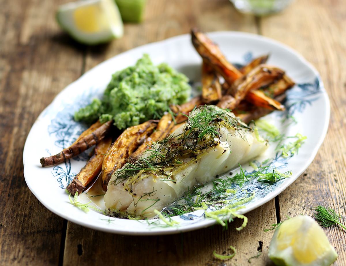 Baked Pollack with Sweet Potato Chips