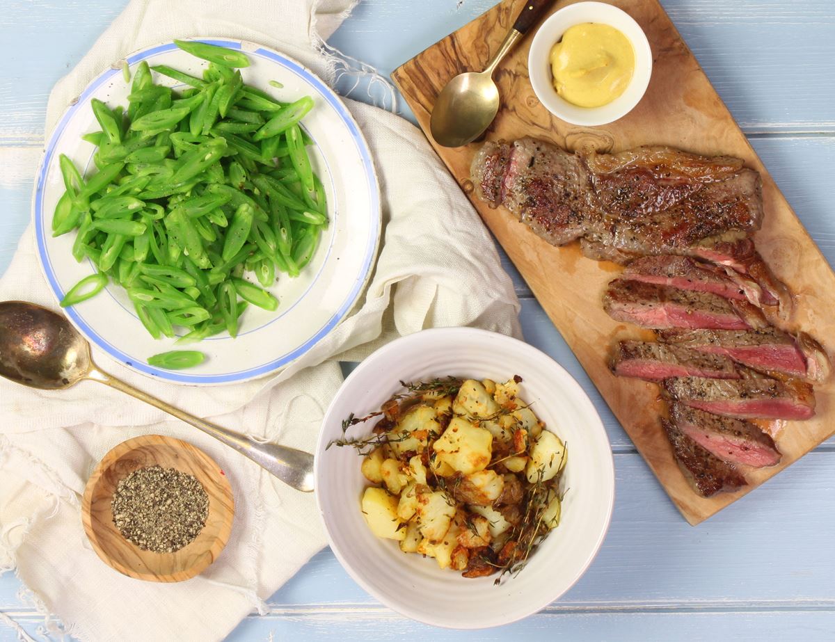 Steaks with Smashed Potatoes & Runners