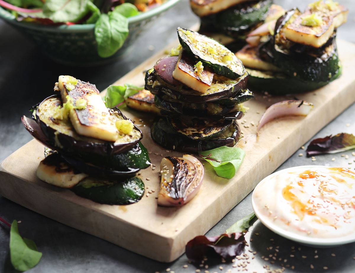 Halloumi & Charred Veg Stacks with Chilli Yogurt Recipe | Abel & Cole