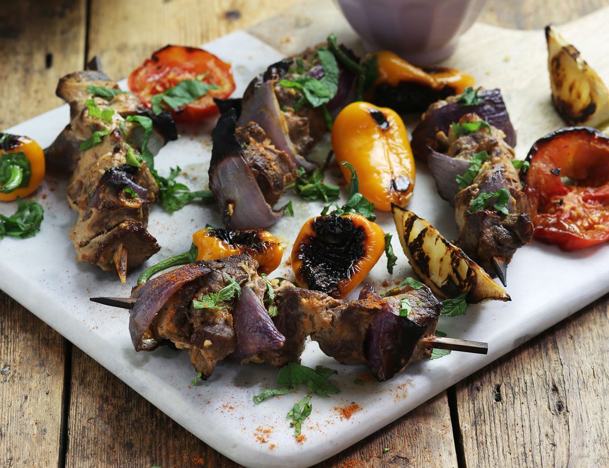 Turkish Yogurt Lamb Kebabs with Scorched Jumping Peppers