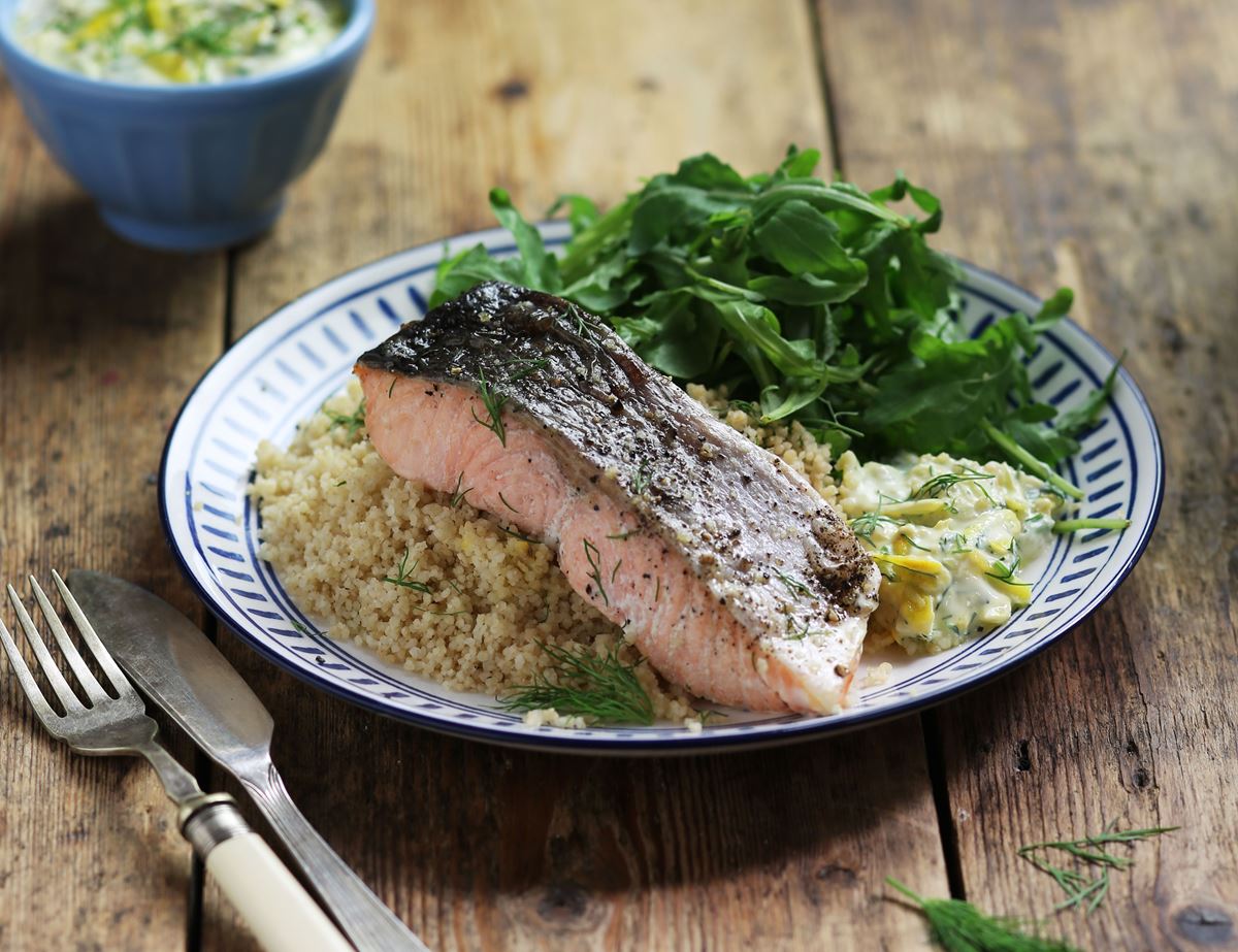 Roast Salmon with Golden Beetroot Tzatziki