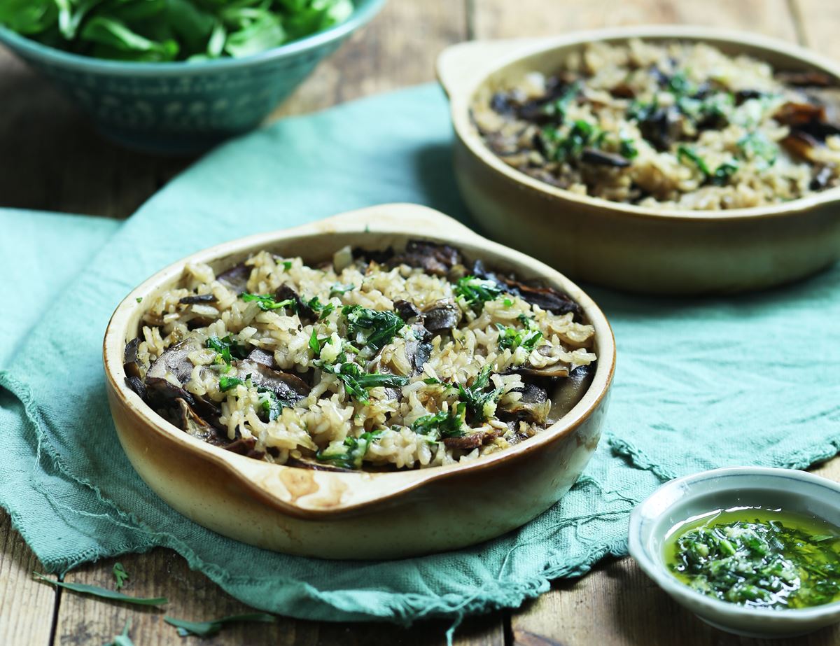 Baked Portobello Risotto with Zingy Tarragon Gremolata