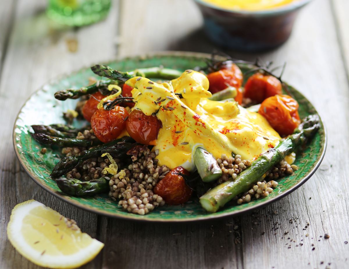 Crispy Buckwheat with Saffron Yogurt & Asparagus