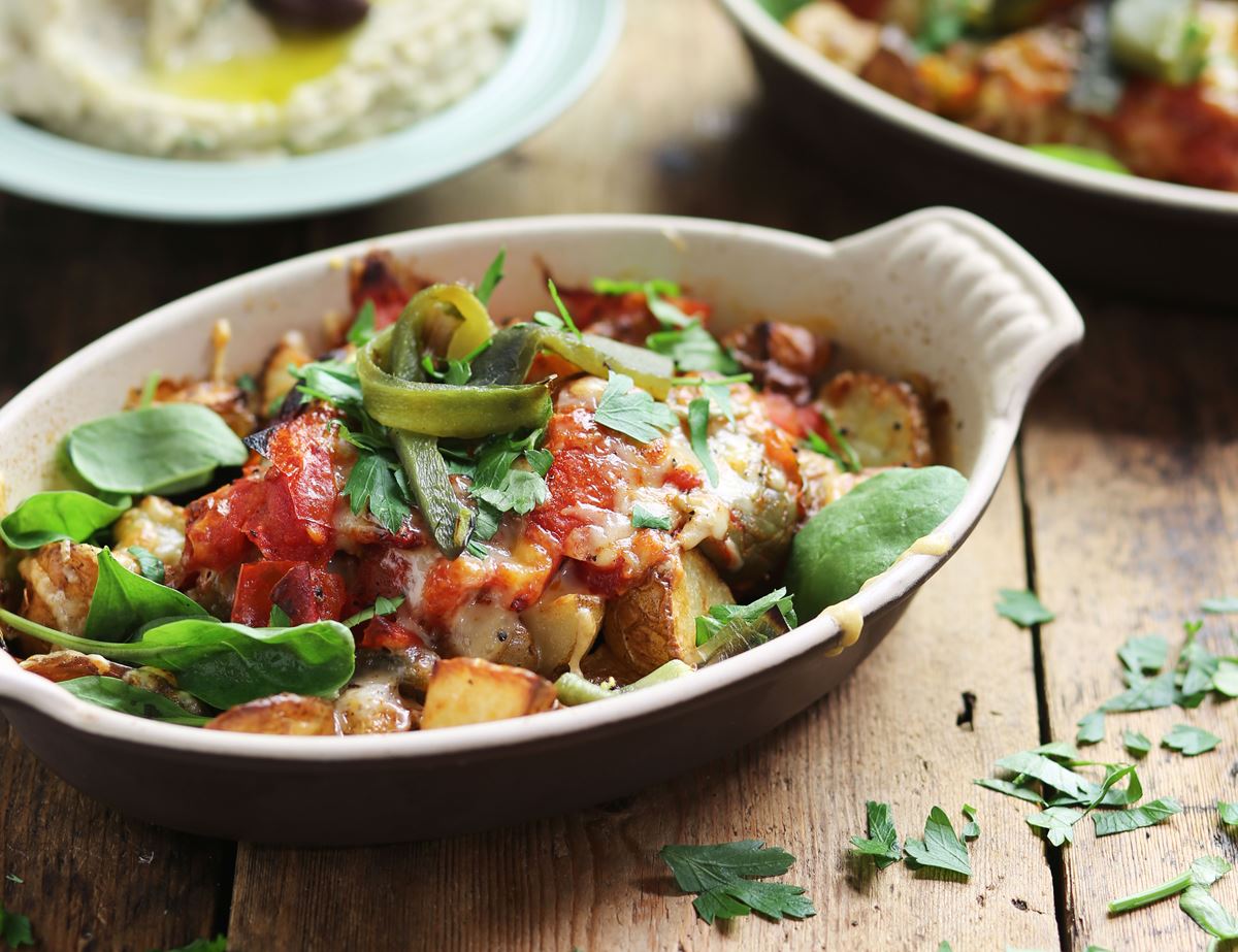 Smoky Peppers with Cheesey Patatas Bravas