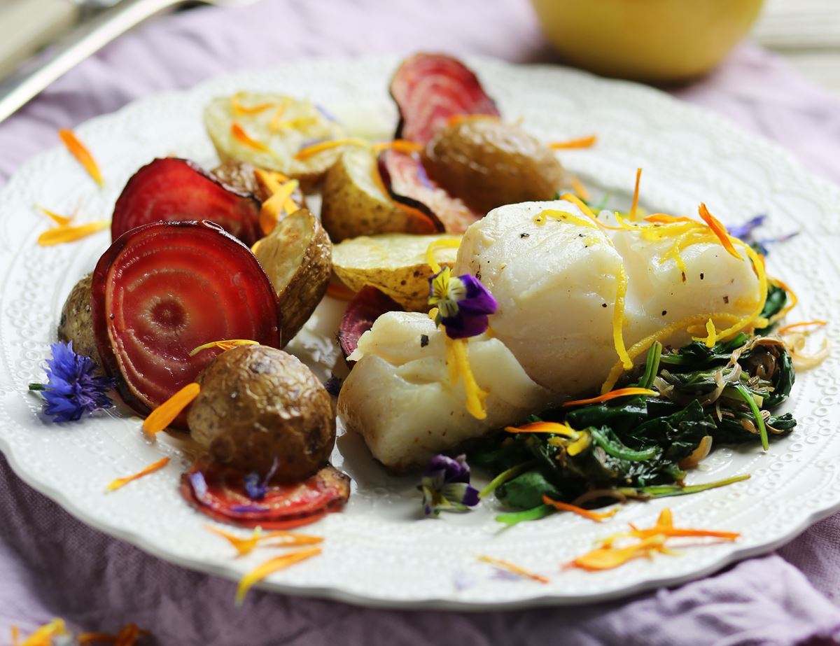 Roast Cod with St Clements Sauce & Candy Beetroot