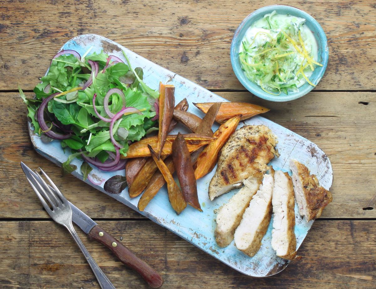 Cumin Chicken with Sweet Potato Wedges & Tzatziki