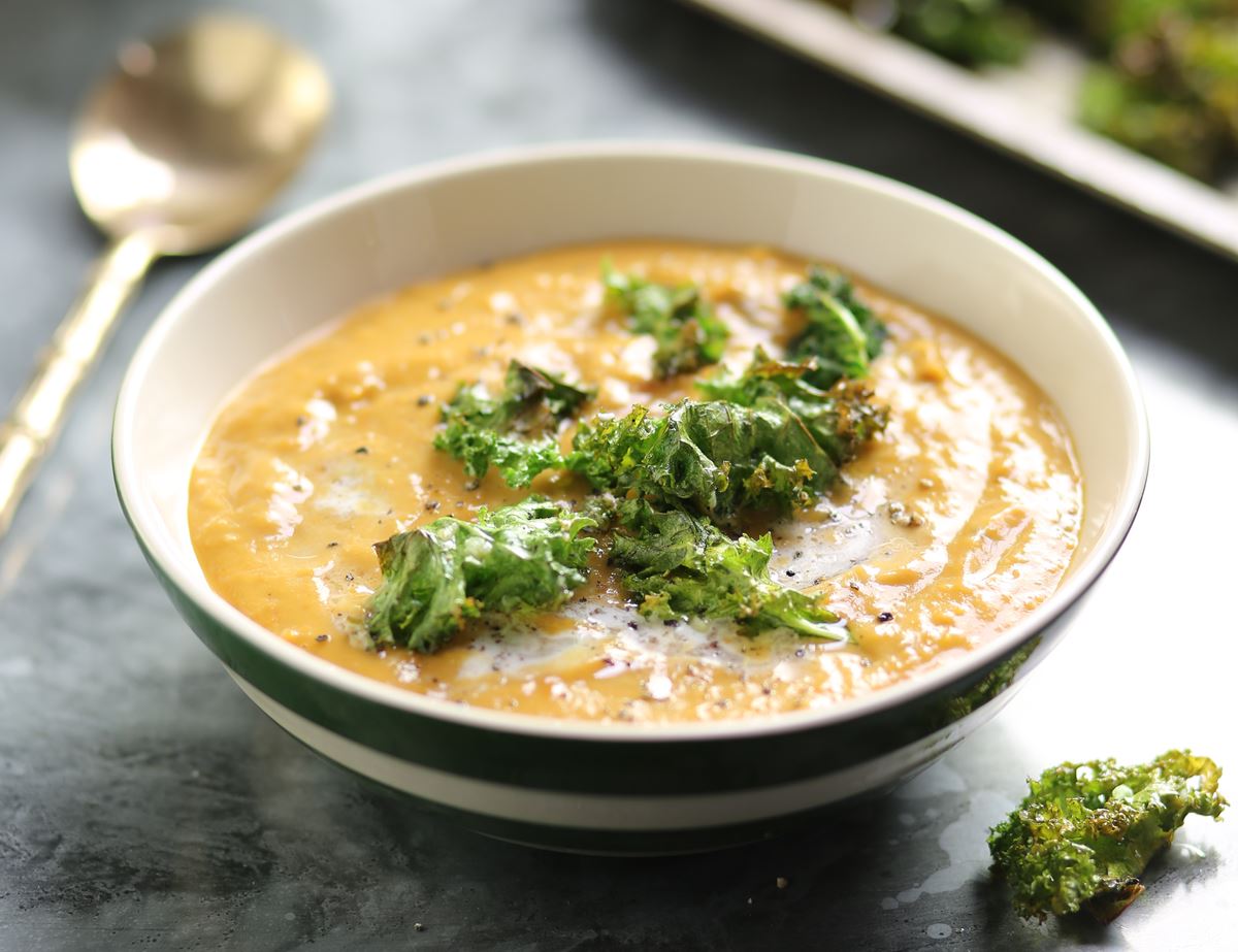 Red Thai Sweet Potato Soup with Garlic Kale Crisps