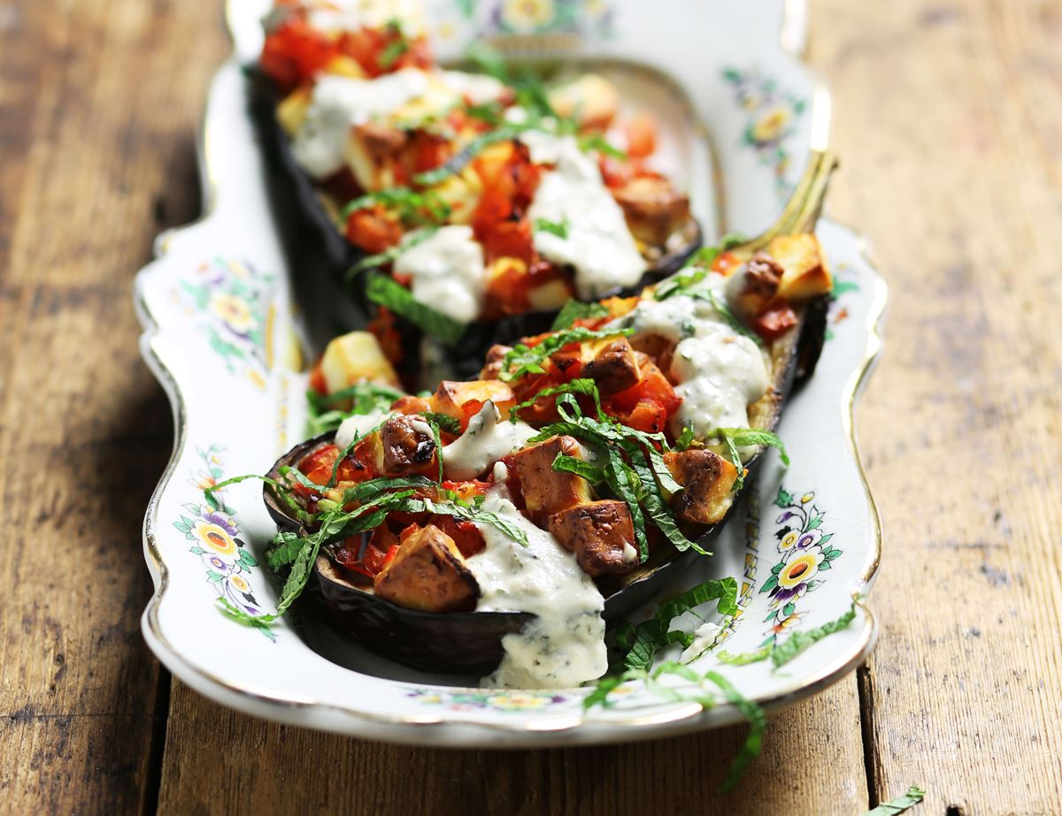 Roast Aubergines with Halloumi & Minted Tahini