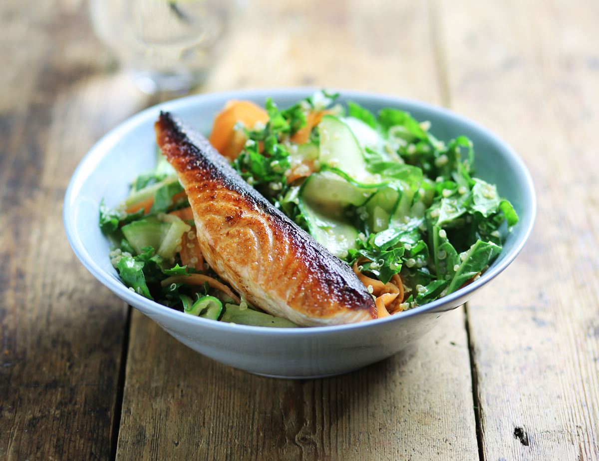 Salmon, Kale & Quinoa Bowl with Ponzu Dressing