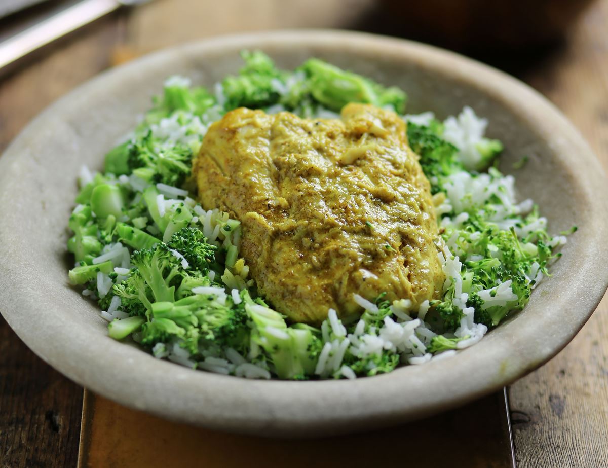 Curried Coconut Hake with Broccoli Rice