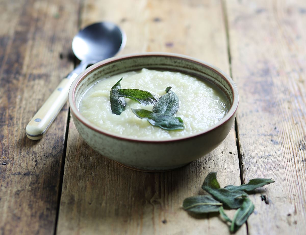 Celeriac & Apple Soup with Crispy Sage