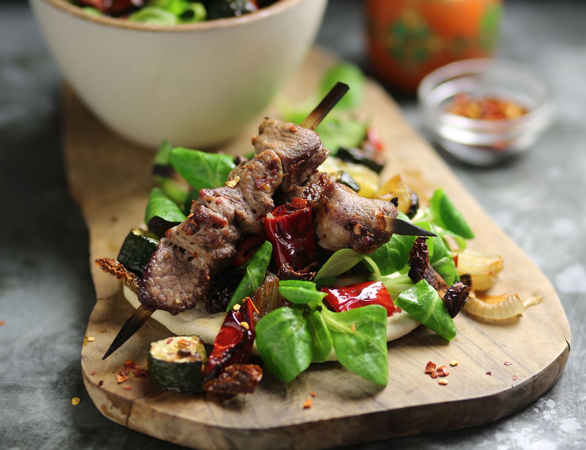 Lamb Kebabs with Roast Vegetable Flatbreads