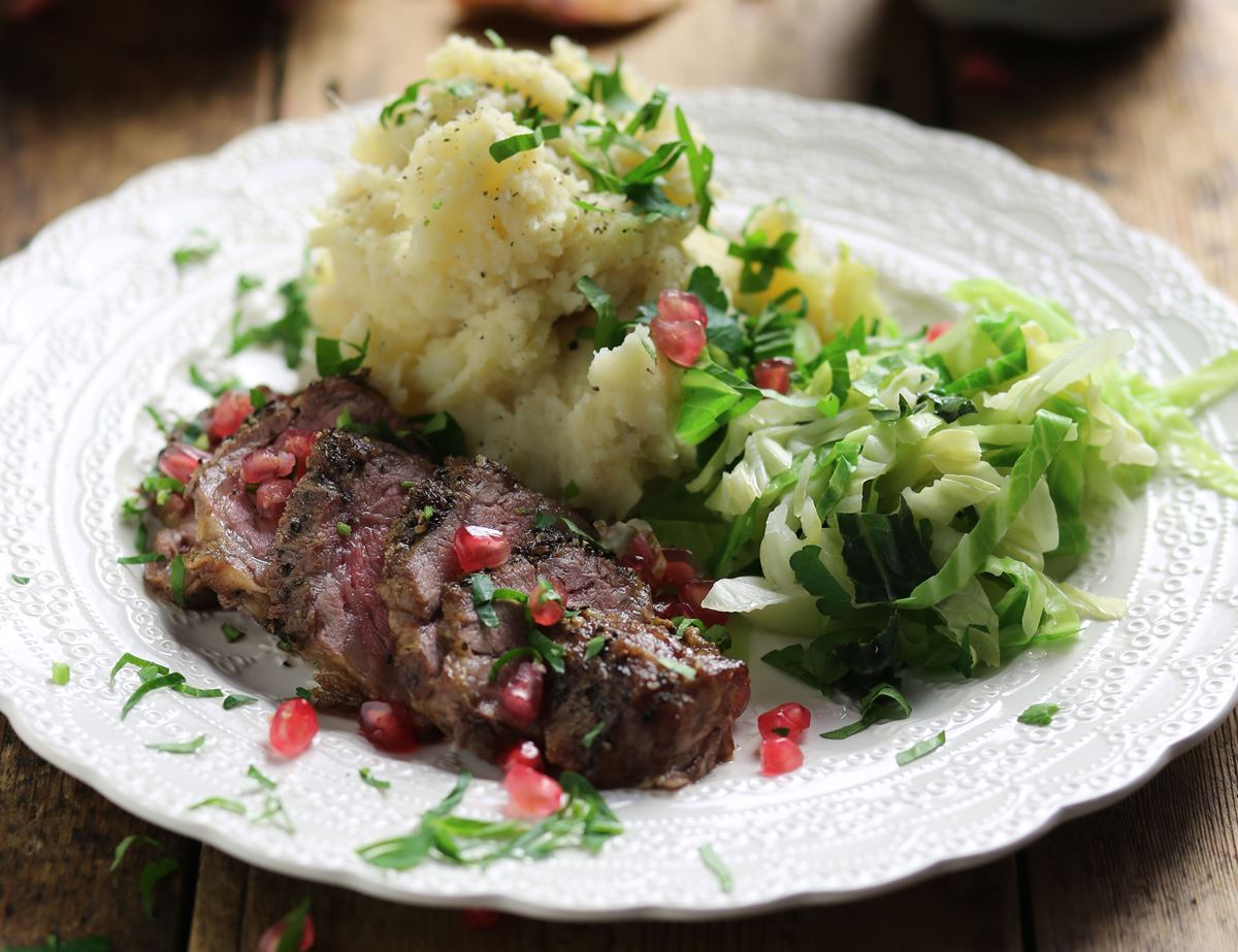 Roasted Lamb Neck with Pomegranate Glaze & Spiced Parsnip Mash