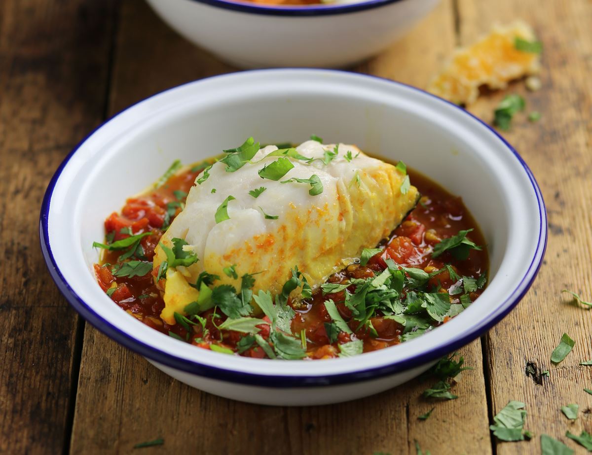 Saffron Poached Cod with Carrot & Clementine Herb Salad