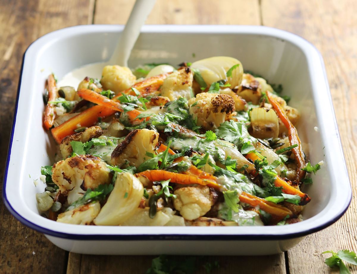 Winter Veg Tray Bake with Coriander Sauce