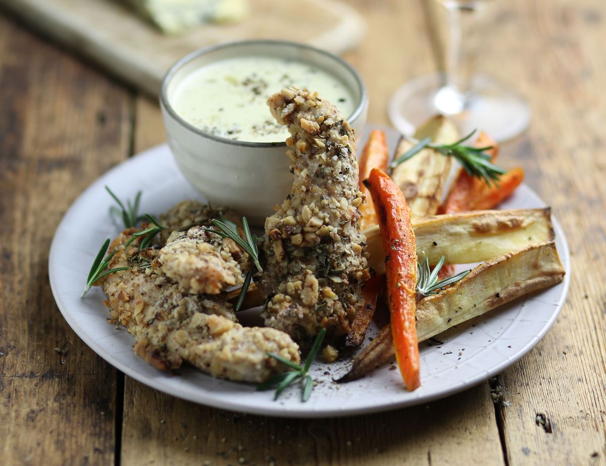 Walnut Chicken Dippers with Blue Cheese Sauce