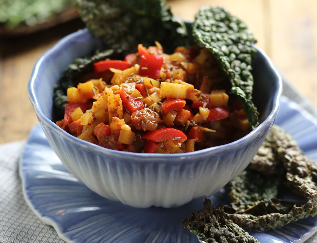 Winter Vegetable Chilli with Cavolo Nero Crisps