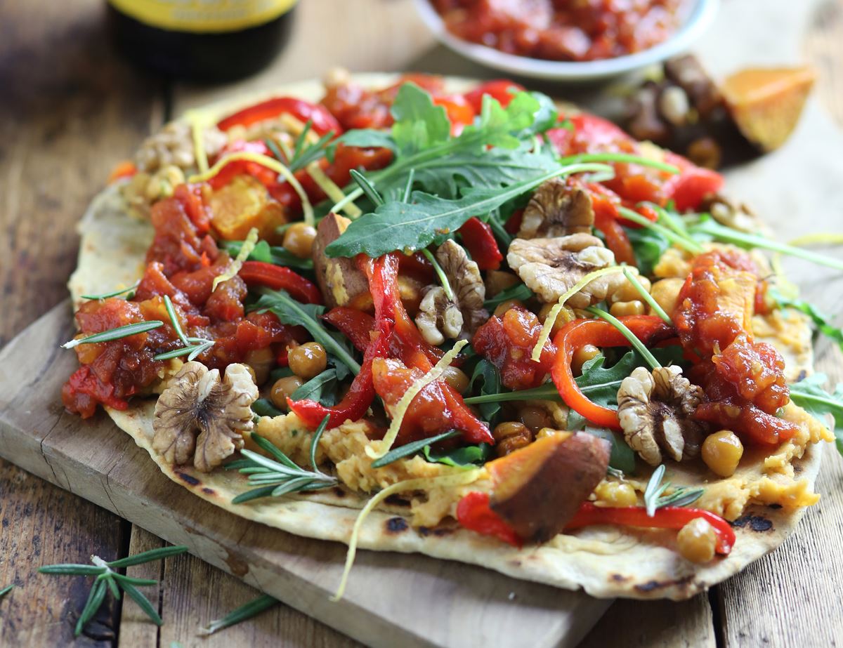 Roasted Sweet Potato Hummus Flatbreads with Chilli Jam