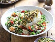 Roast Cod with Walnut, Rocket & Harissa Pesto