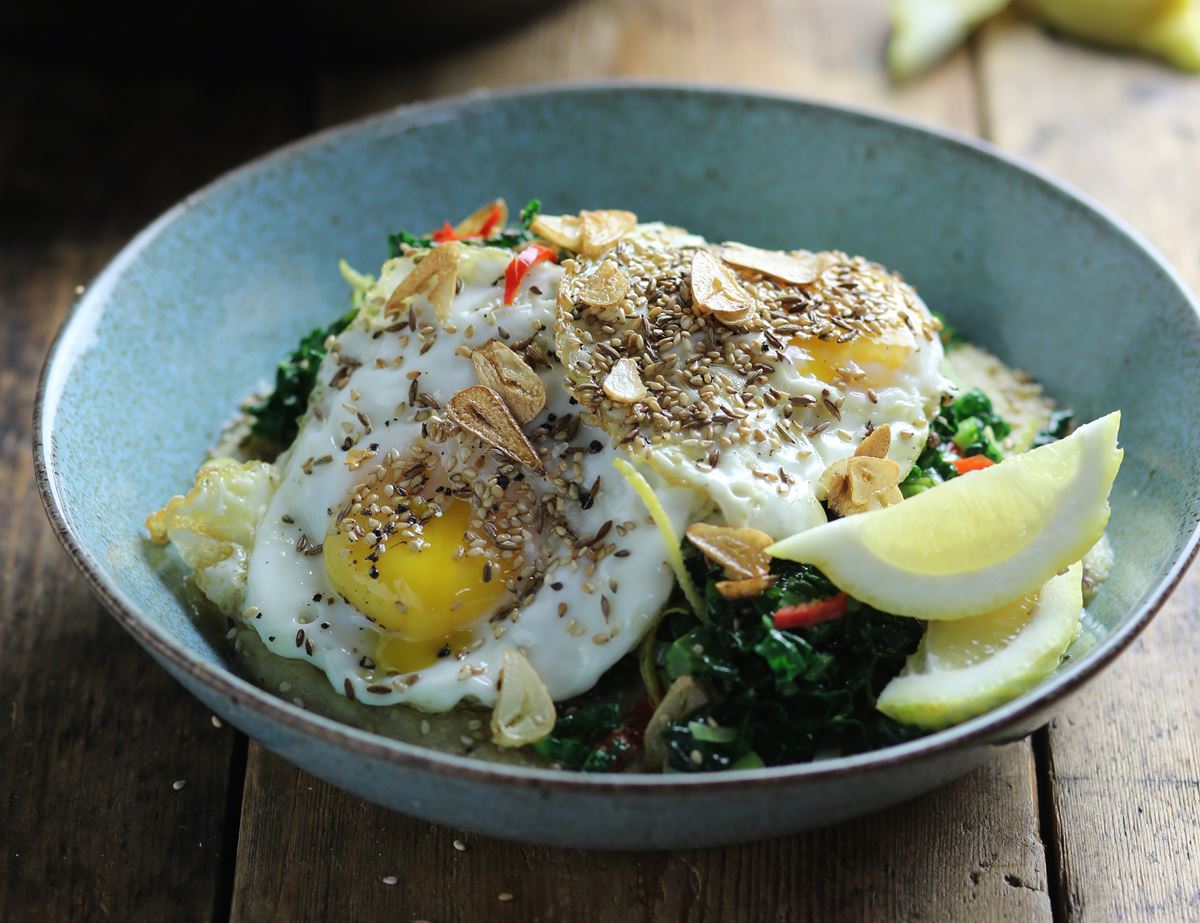 Chilli Fried Greens, Porcini Polenta & Fried Eggs