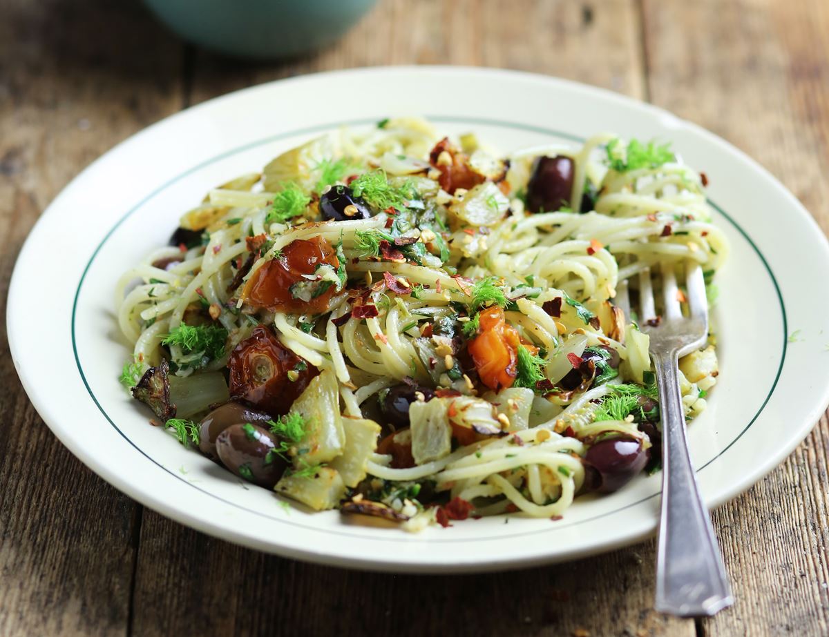 Sicilian Roasted Veg Spaghetti with Zesty Almond Pesto