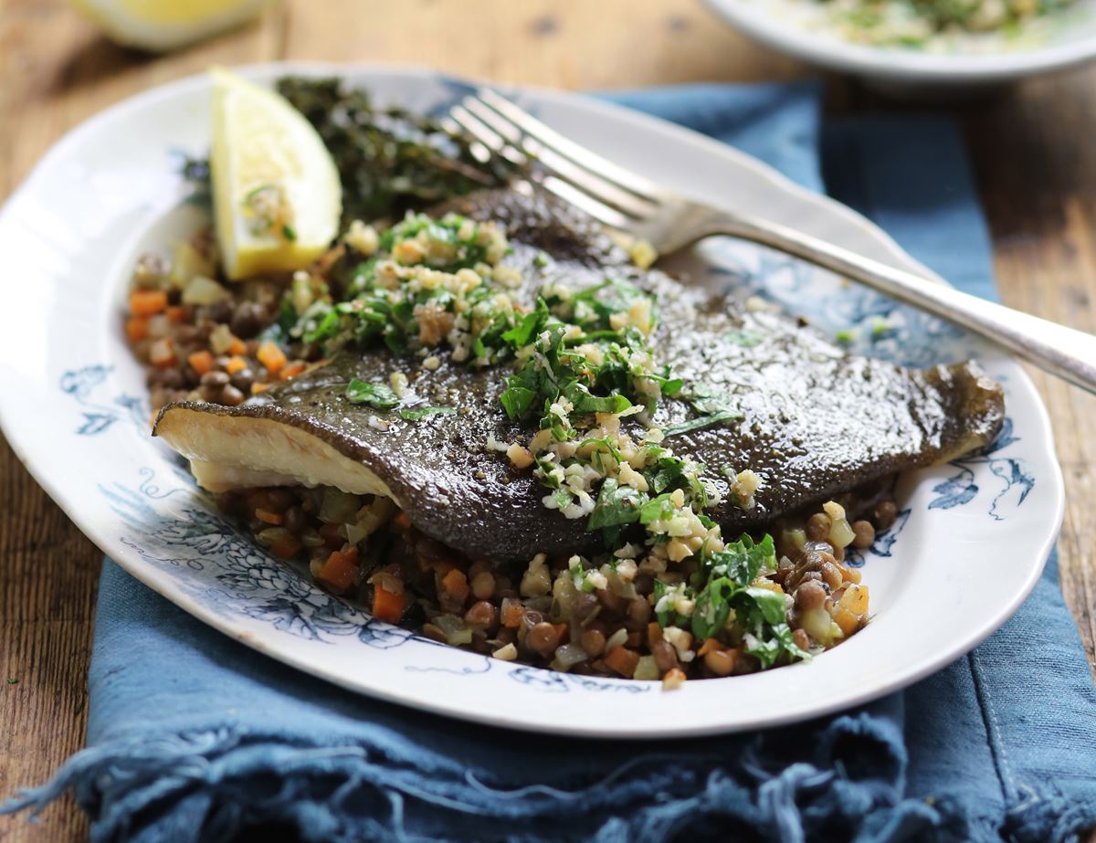 Grilled Plaice with Salsa Verde & Lentils