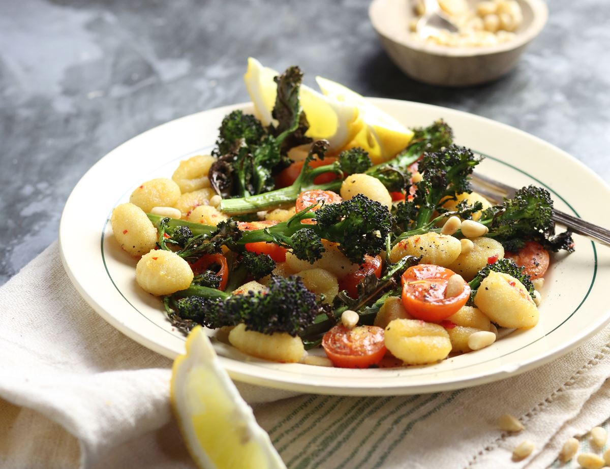 Fried Gnocchi with Purple Sprouting Broccoli & Pine Nuts