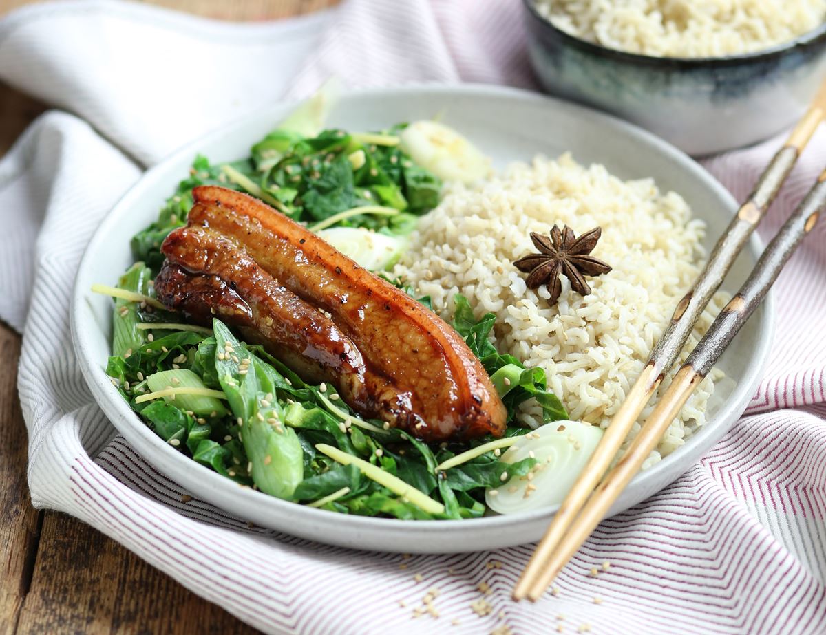 Teriyaki Pork Belly with Sesame Greens