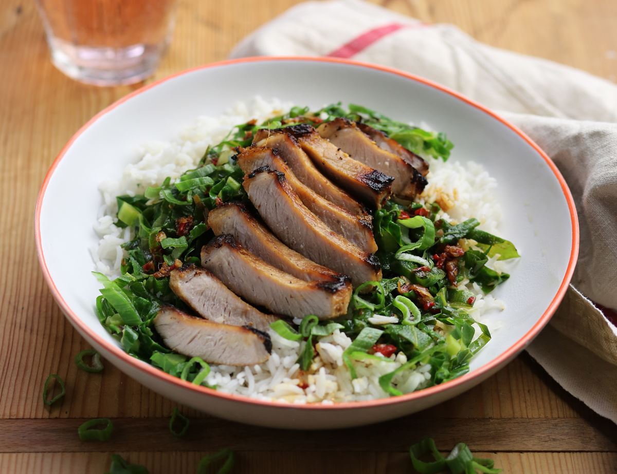 Korean Pork Steaks with Garlicky Greens