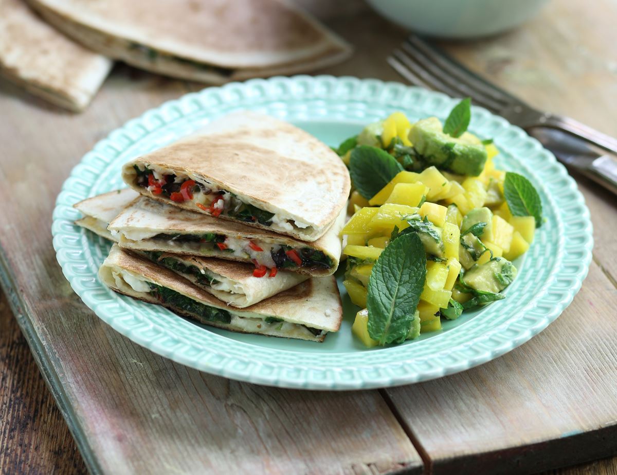 Feta & Greens Quesadillas with Mango Salsa