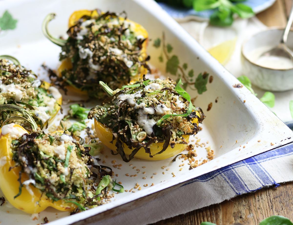 Peppers Stuffed with Couscous & Crispy Greens