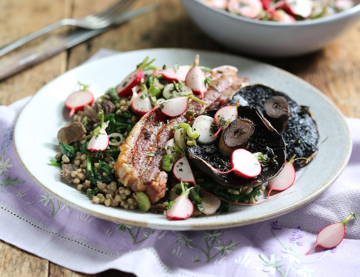 Roast Pork Belly with Portobellos & Lemony Radishes