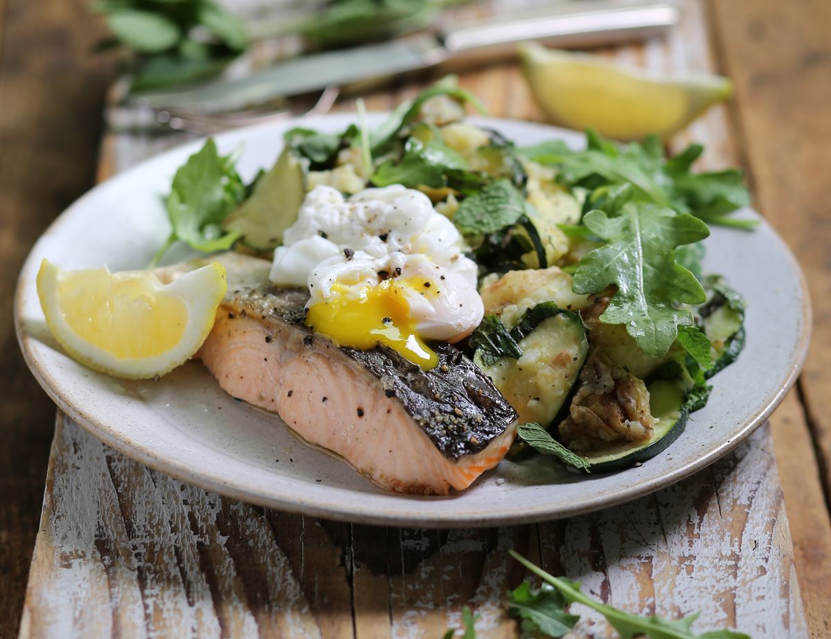 Crispy Grilled Salmon with Poached Eggs & Greens