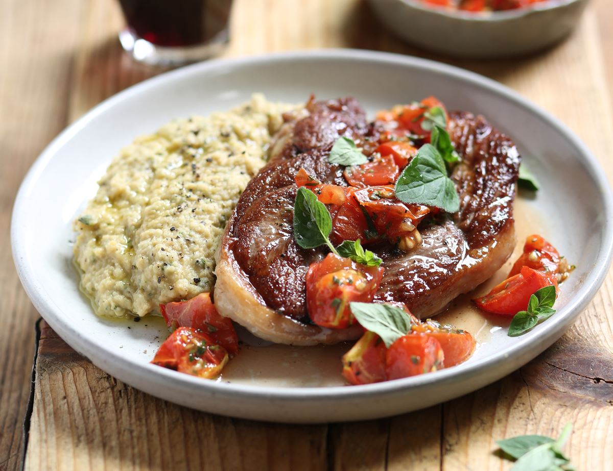 Lamb Leg Steaks with Smoky Chickpea & Aubergine Mash