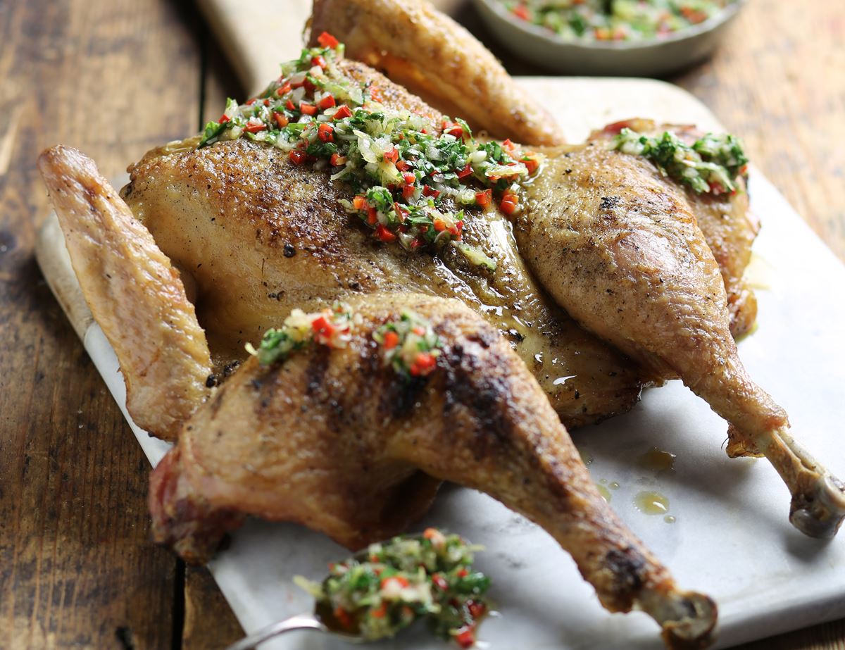 Barbecued Spatchcock Chicken with Chimichurri Sauce