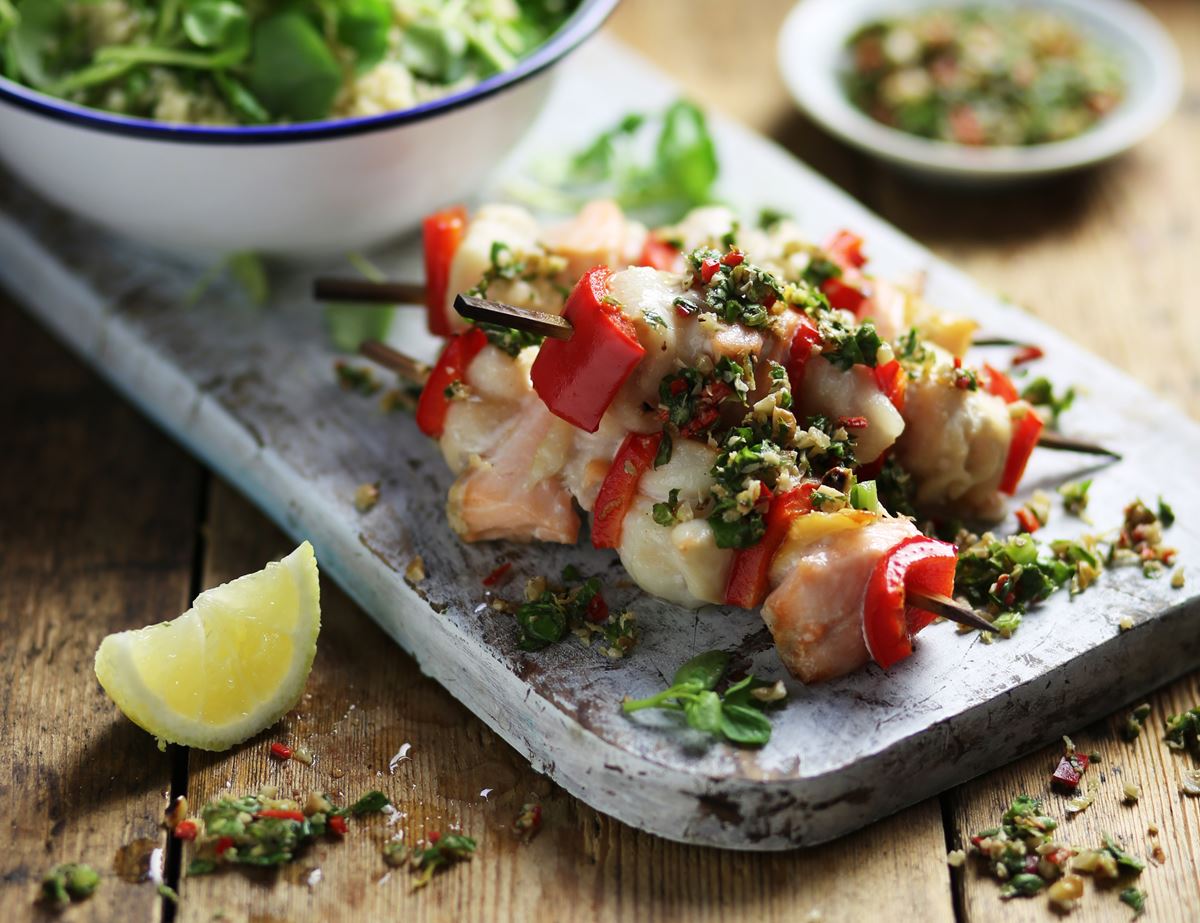 Grilled Fish Kebabs with Sorrel & Walnut Salsa Verde