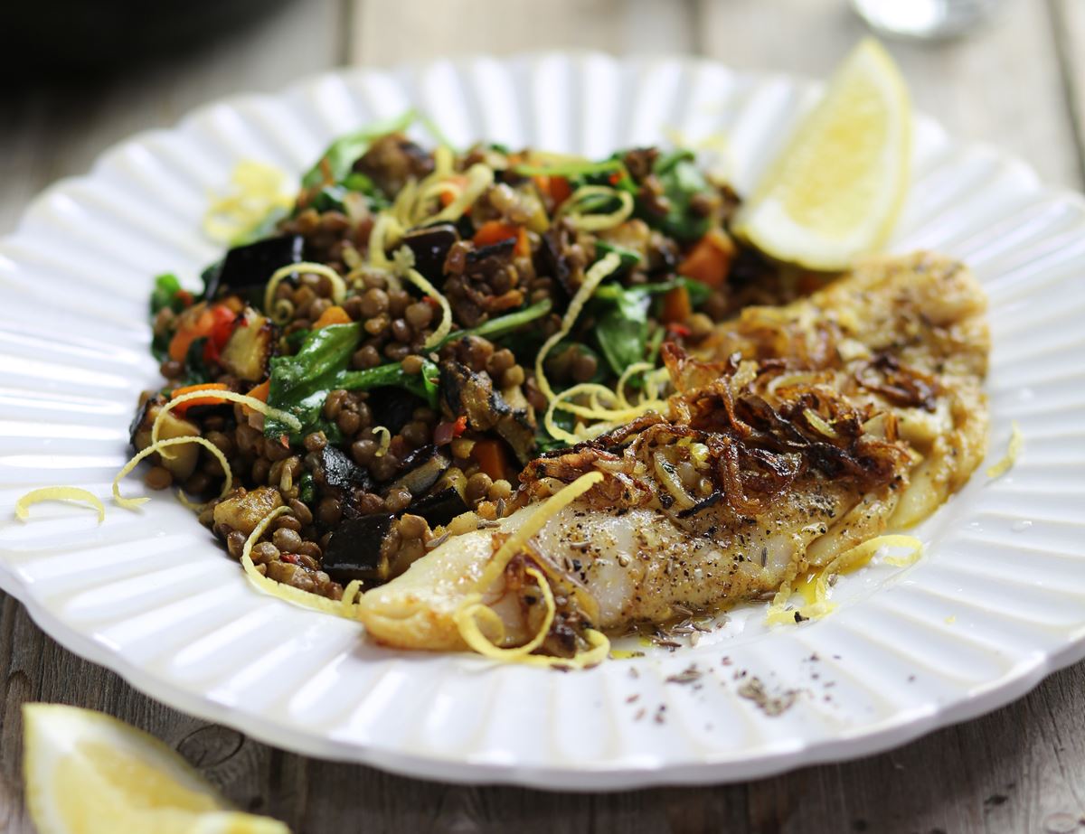 Brown Buttered Haddock with Curried Lentils