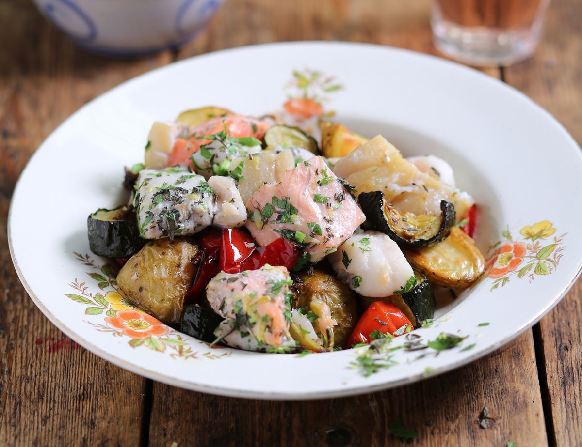 Herby Italian Baked Fish with Roast Summer Veg