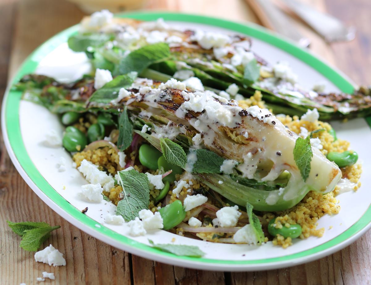 Caramelised Summer Cabbage Steaks with Feta, Spiced Couscous & Tahini
