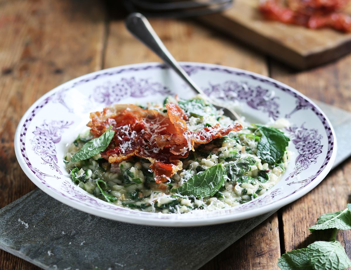 Summer Garden Risotto with Crispy Prosciutto