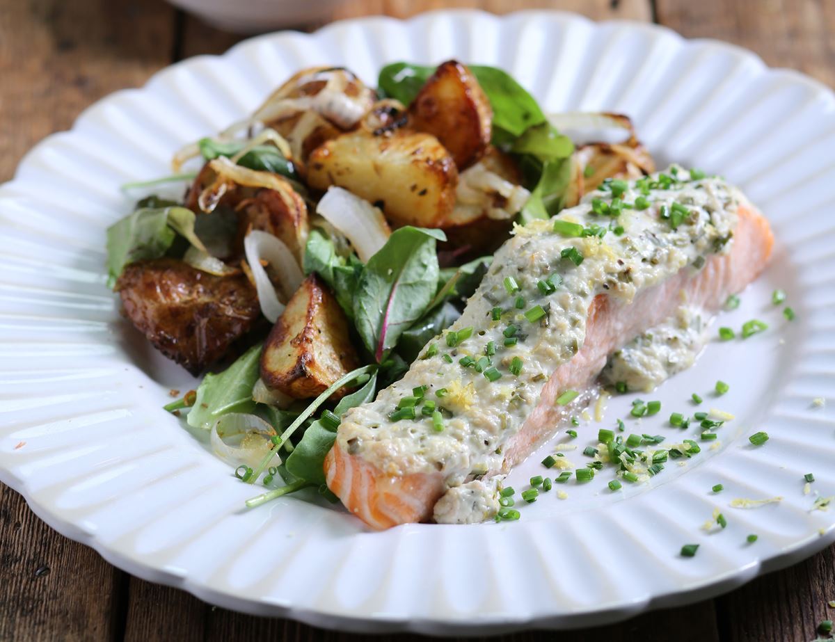 Lemon & Chive Baked Salmon with Spiced New Potatoes