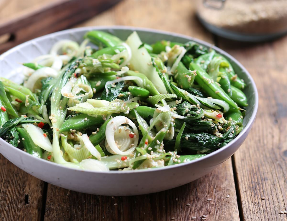 Pak Choi, Sugar Snap Pea &amp; Sesame Salad Recipe | Abel &amp; Cole