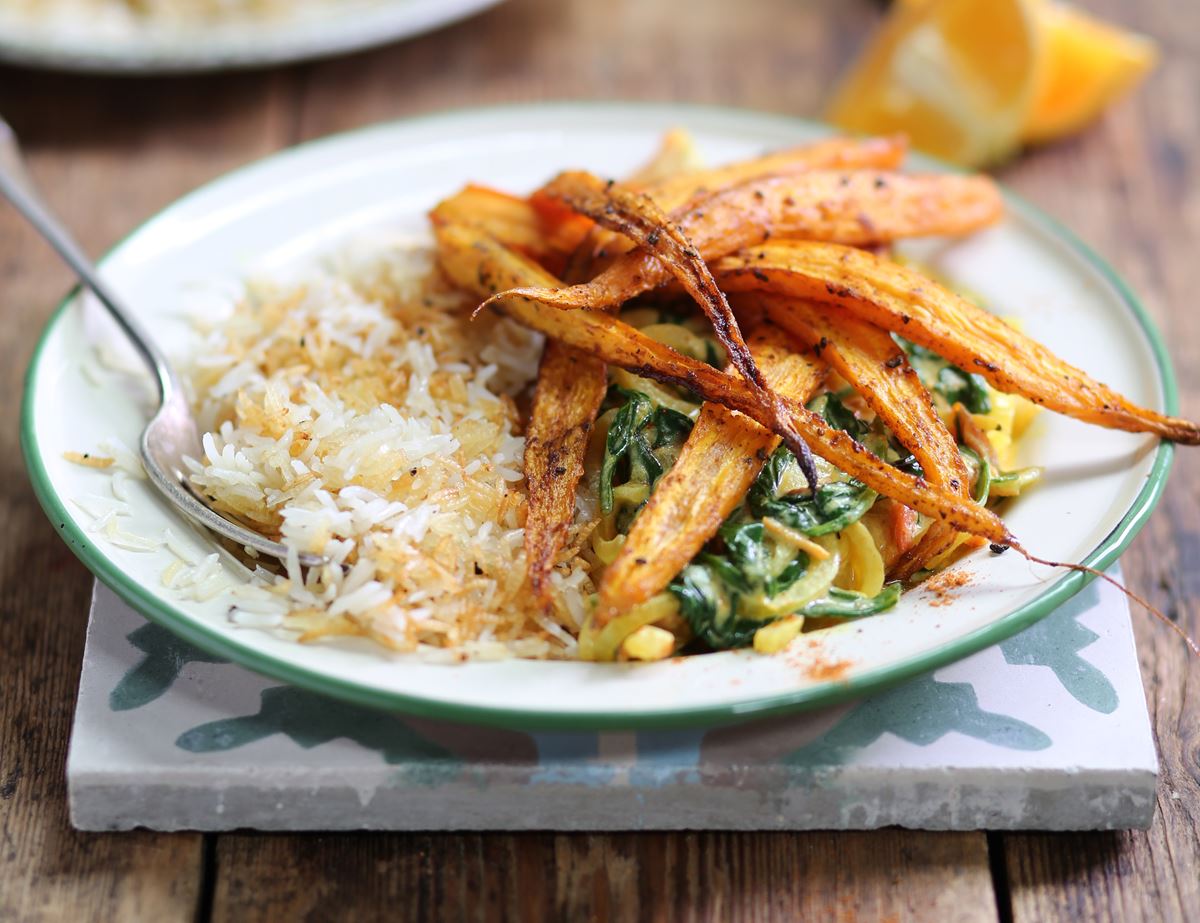 Harissa Roasted Carrots with Crispy Persian Rice