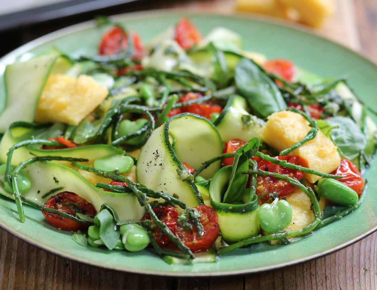 Samphire & Broad Bean Bowl with Cheesy Polenta Croutons